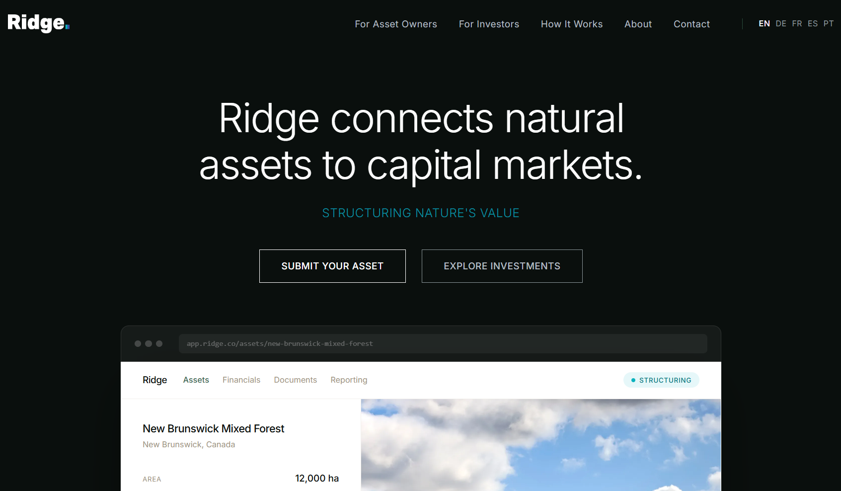 The Ridge homepage: 'Ridge connects natural assets to capital markets', with options to submit an asset or explore investments.